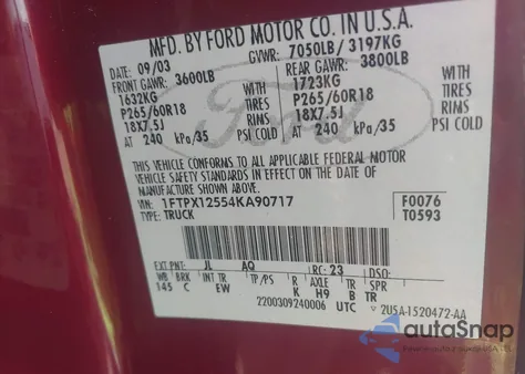 2004 Ford F-150 Lariat/Xl/Xlt from USA, damaged, VIN 1FTPX12554KA90717